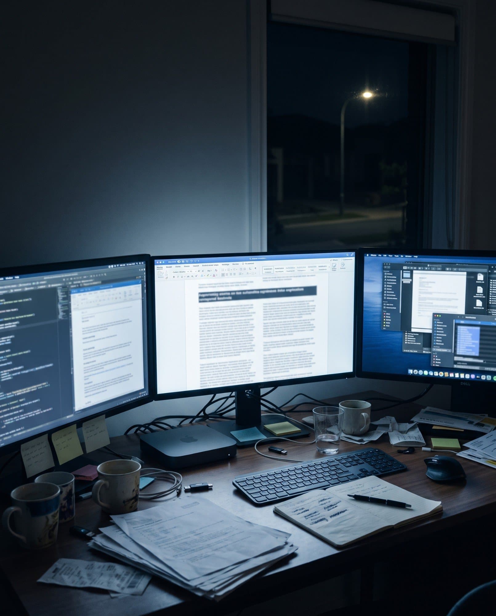 A desk with three glowing monitors, coffee mugs and notes, late at night