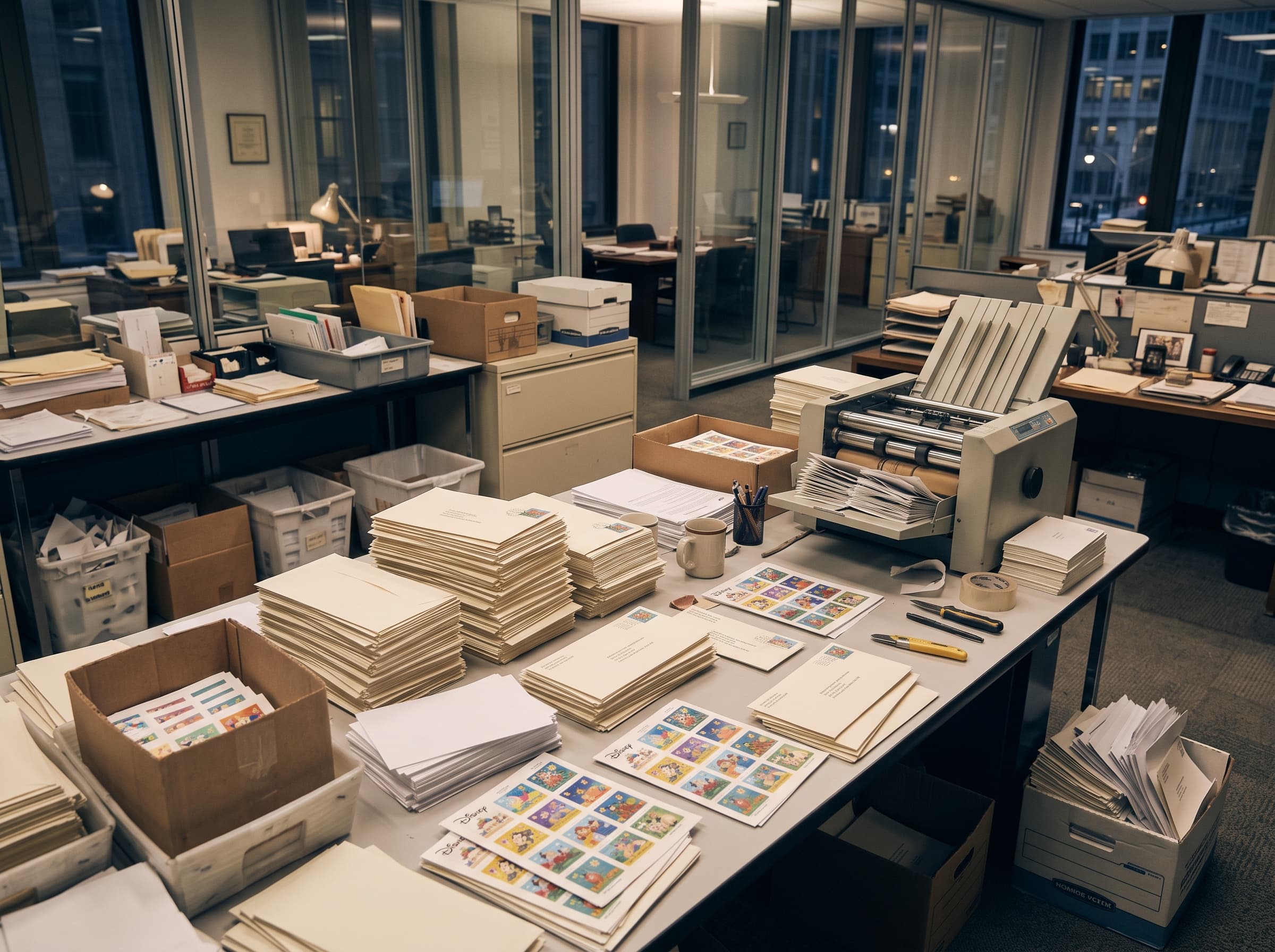 An office table at dusk stacked with addressed envelopes, sheets of stamps and a folding machine, a direct mail run in progress