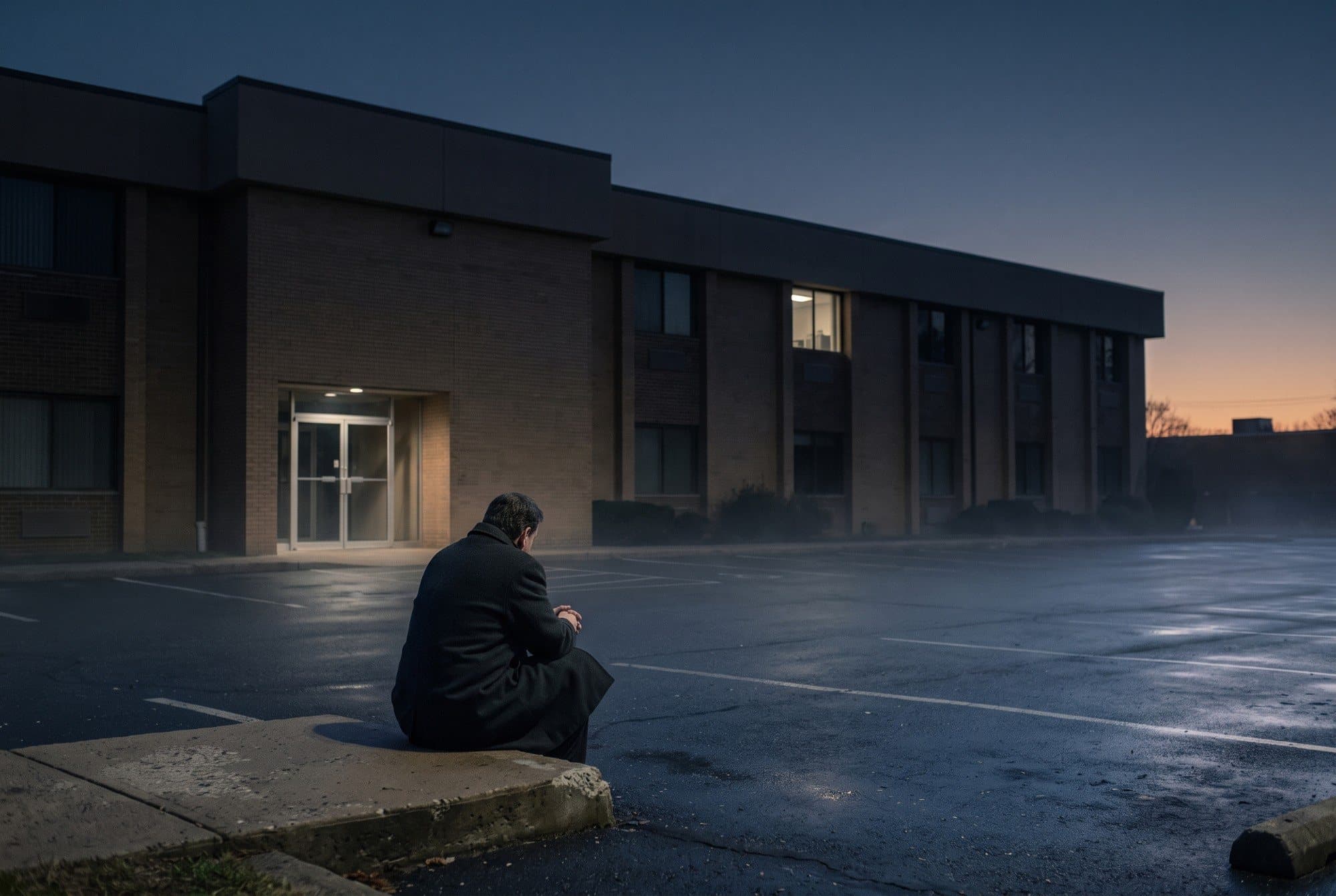 A man in a dark coat sitting alone on a curb outside an office building before dawn, waiting
